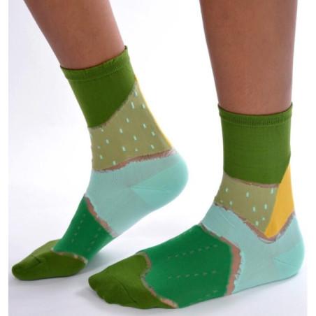 Chaussettes patchwork vert à pois transparents