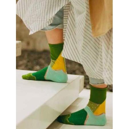 Chaussettes patchwork vert à pois transparents