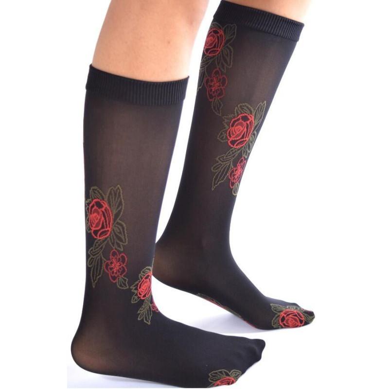 Mi bas opaque noir Roses rouges