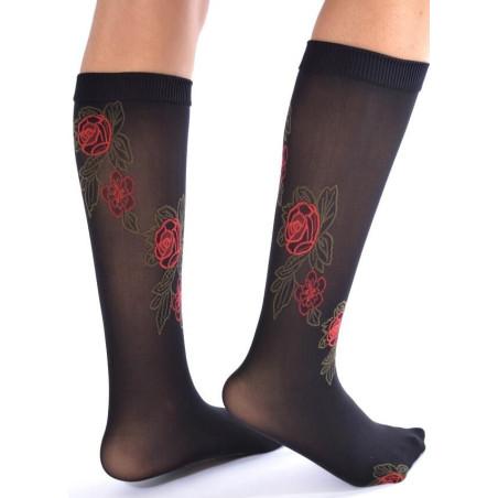 Mi bas opaque noir Roses rouges