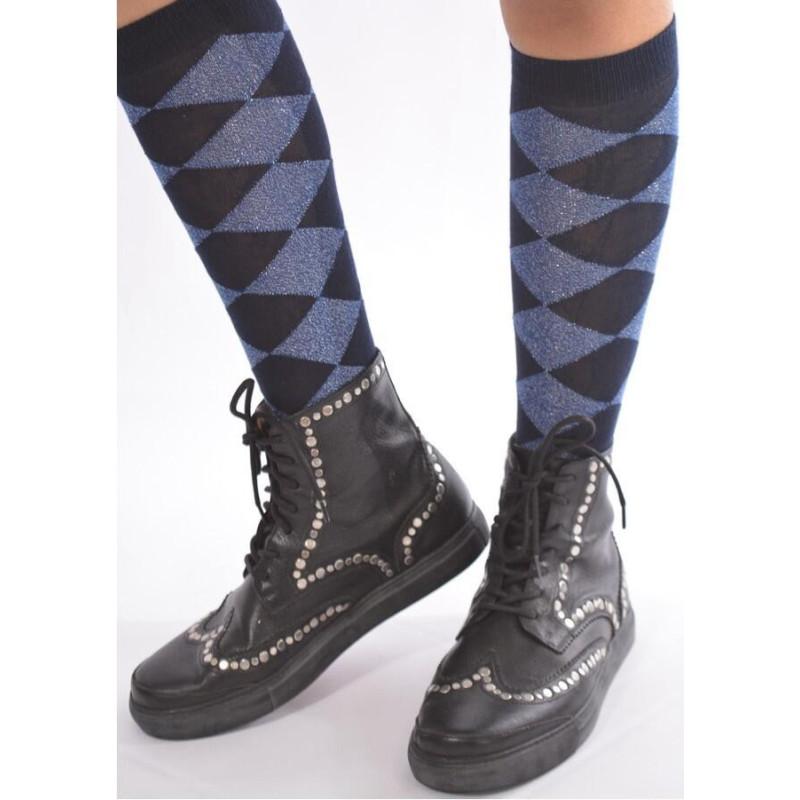 Mi bas coton arlequin lurex marine