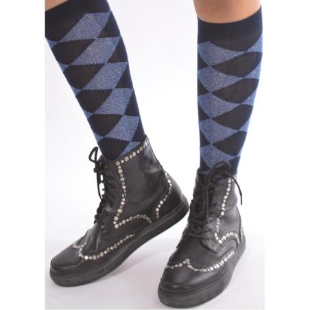 Mi bas coton arlequin lurex marine