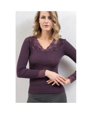 Chemise laine et soie Moretta col en dentelle chic violet