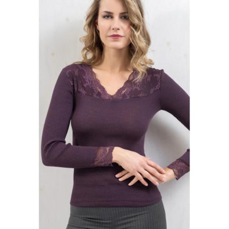 Chemise laine et soie Moretta col en dentelle chic violet