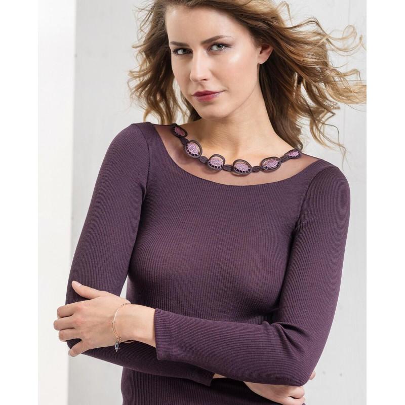Chemise laine et soie effet collier prune