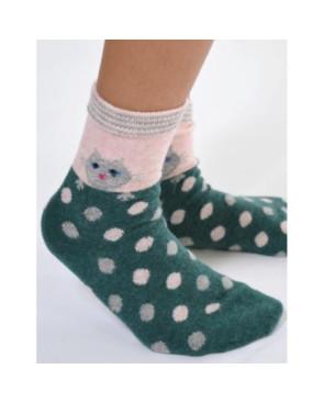 Chaussettes laine angora chat à pois vert