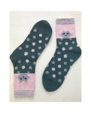  Chaussettes verte laine angora chat et pois rigolo