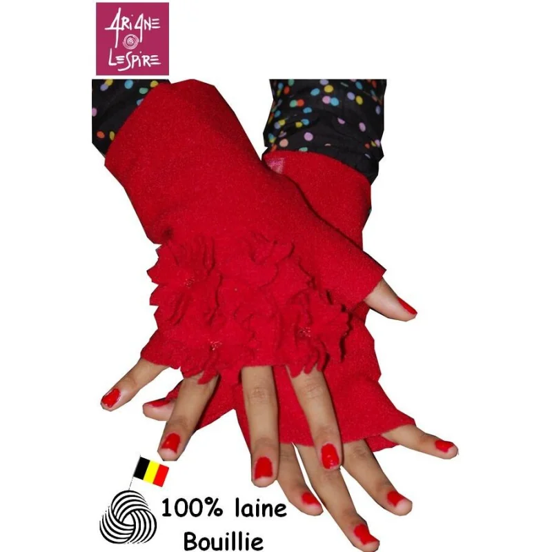 Mitaines Ariane Lespire bouquet rouge  laine bouillie 