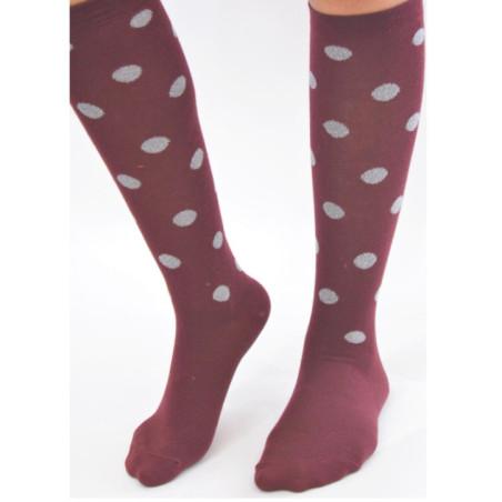 Mi bas coton bordeaux à pois lurex argent