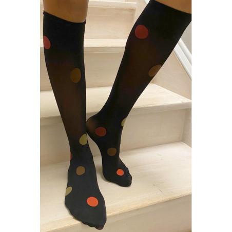 Mi bas noir opaque à pois de couleurs