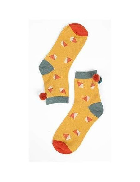 Chaussettes Pois Subtils et pompoms moutarde détail